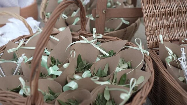 Eco confetti cones tied with mint ribbon next to bubble wands, a favor station for the couple's exit after a ceremony in Portugal.