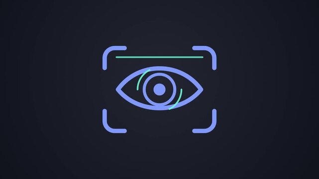 Dark mode iris scan frame around eye icon with rotating scan arcs then turning green with check, eye recognition