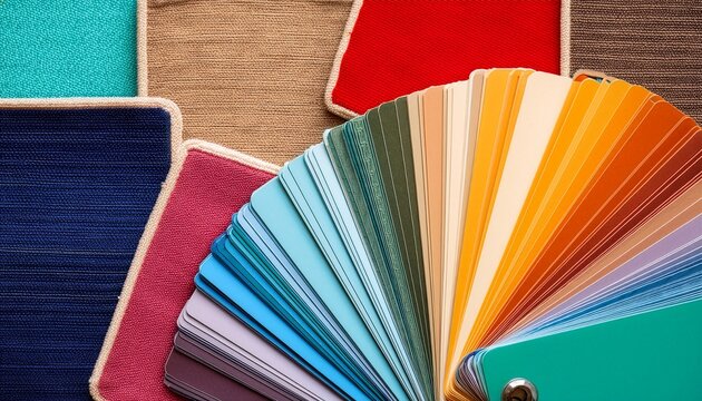 Vibrant color palette fan deck with multi colored swatches arranged on a wooden surface for professional interior design.