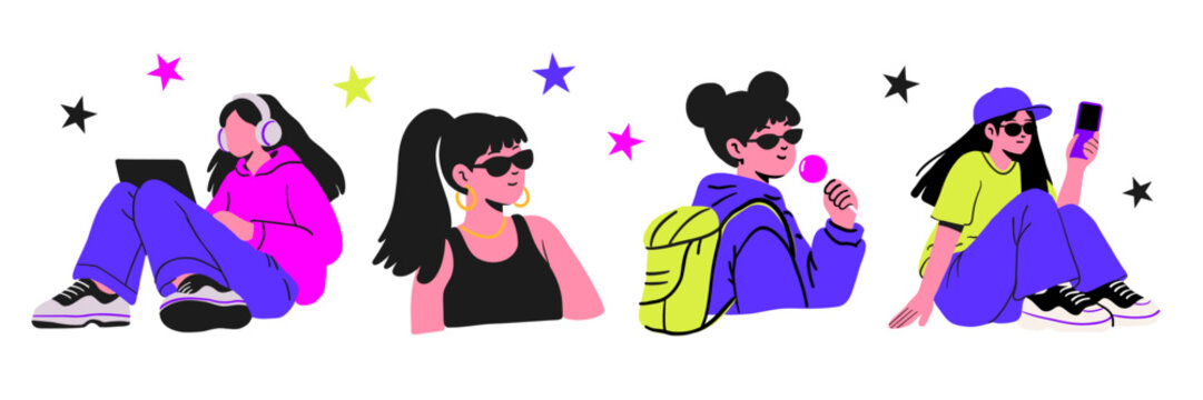 Y2K Girl Characters Set Vector Illustration Trendy Teen Style Neon