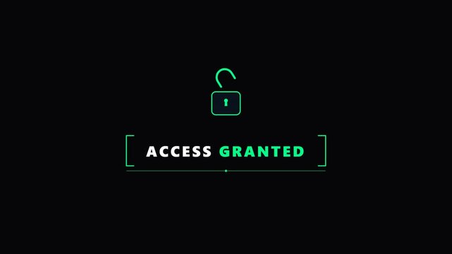 Futuristic neon green digital interface displaying unlocked padlocks and access granted text on a black background. High-tech security visuals. Perfect for cybersecurity presentations.