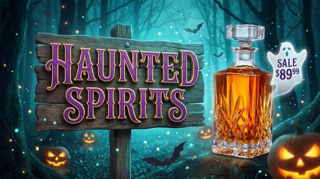 Haunted Spirits sign with whiskey decanter and pumpkins in dark