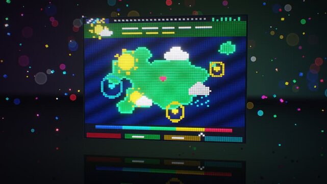 Teletext Page 3D Glowing Mosaic Pixel Blocks Flipping Between News Globe Weather Map And Stock Chart