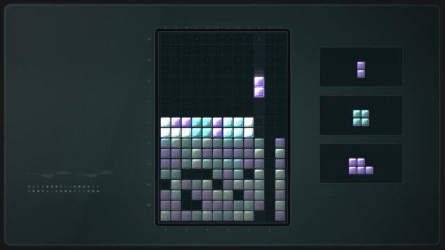 Glossy pastel tiles stack and clear rows inside a sleek HUD grid with next-piece panels, a modern block puzzle loop suited to mobile game ads, app promos and gaming explainers