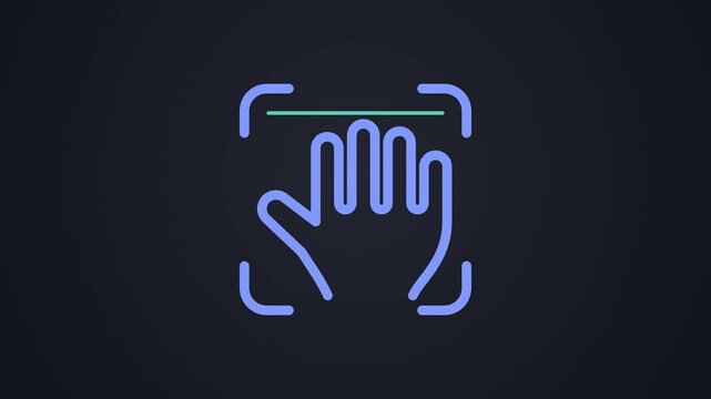 Dark mode palm scan frame with open hand icon and scan line then turning green with check, palm vein recognition
