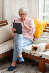 Older woman looking frustrated while using a tablet on a living room sofa beside her dog. Technology frustration and digital literacy. Senior adult using mobile device at home. Everyday life © Tatyana Gladskih