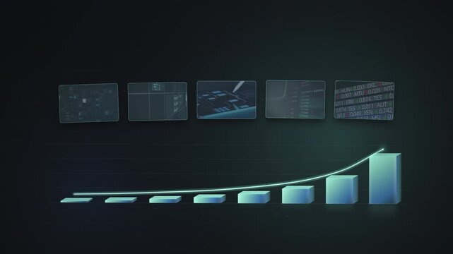 Teal 3D bars climb along a glowing exponential curve under floating data screens with cloud and analytics visuals, sleek footage for startup pitches, SaaS ads and finance reports.