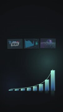 Mint and blue bars surge upward along a luminous curve while breaking news and market panels hover above, a vertical growth animation for financial reels and business stories.