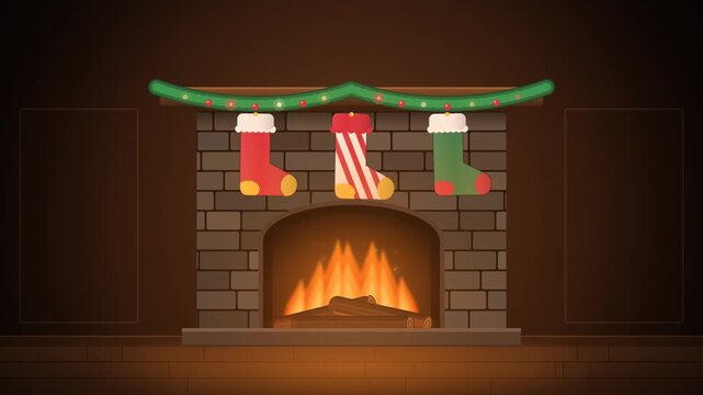 Cozy Christmas Fireplace with Hanging Stockings and Garland Seamless Loop