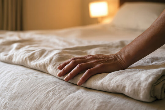 A close-up of a hand smoothing a soft blanket on a neatly made bed, showcasing textures and the calming ambiance of a cozy bedroom environment.