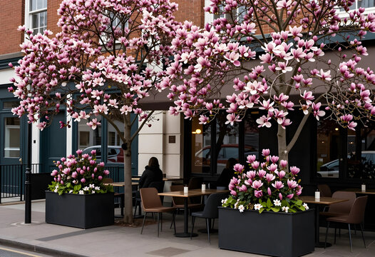 springtime urban lifestyle, blooming magnolia trees at outdoor cafe terrace with sidewalk seating and city architecture in early spring season