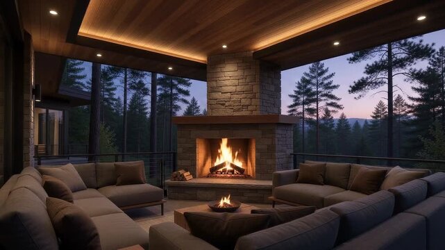 Modern luxury cabin with a covered patio, roaring stone fireplace, plush grey sofas and wooden ceiling overlooking a serene twilight forest