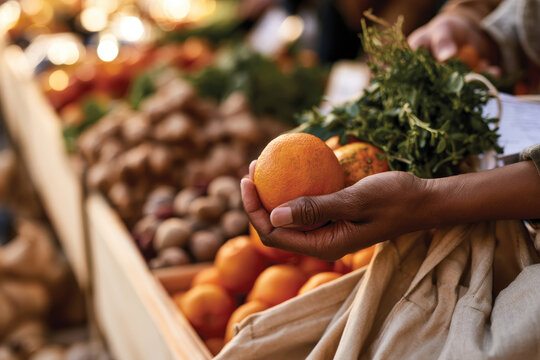 A close-up of a hand grasping a bright orange while surrounded by greenery and other fresh produce at a bustling market, showcasing vibrant colors and freshness.