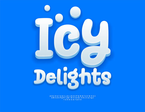 Vector Creative Advertisement Icy Delights. Playful 3D Font. Cute set of White Rounded Alphabet Letters and Numbers.