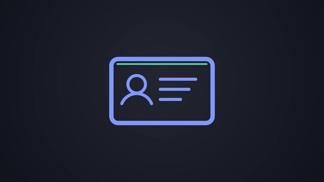 Dark mode ID card verification icon with scan line then turning green with check badge, identity verification