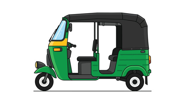 Green motorized auto rickshaw vector illustration featuring classic urban passenger transportation design elements
