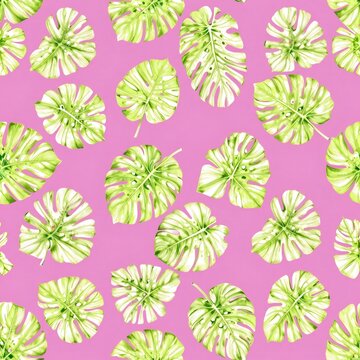 Seamless pattern featuring vibrant green monstera leaves against a pink background, ideal for fashion, home decor, and digital designs.