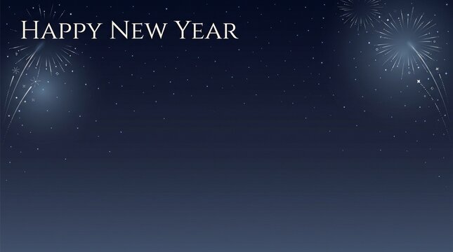 Happy New Year text on dark blue night sky background, festive fireworks display with sparkling stars, elegant holiday celebration banner