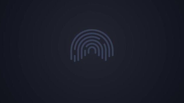 Dark mode line fingerprint icon filling ridge by ridge then turning green with check badge, fingerprint scan