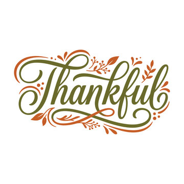 Thankful cursive typography with autumn leaf flourishes fall season text design thank you gratitude