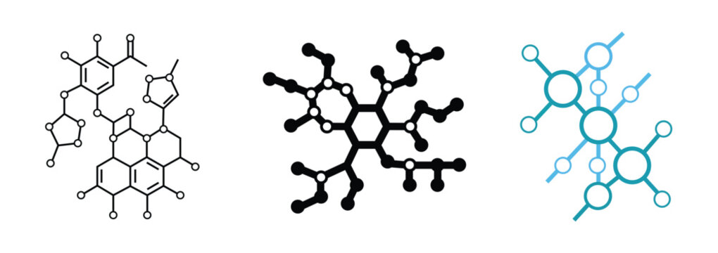 Benzene ring and aromatic chemistry symbol collection &ndash; molecular bond structures in outline and solid vector styles