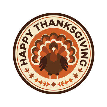 Happy thanksgiving badge with decorative turkey and autumn leaves on circle background dinner celebration