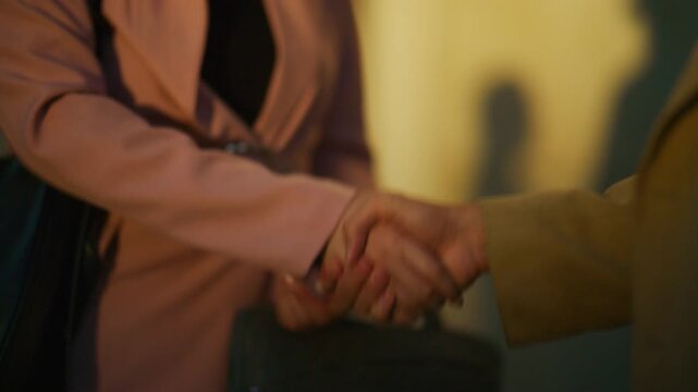 Close-up of a professional business handshake between two individuals in a formal setting. The gesture signifies agreement, partnership, and successful collaboration.