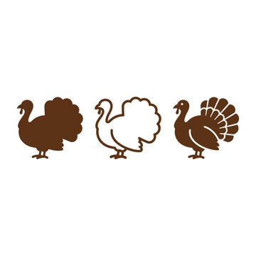 Set of three turkey icons in different artistic styles for harvest holidays with thanksgiving illustration collection