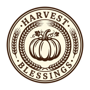 Harvest blessings emblem with pumpkin surrounded by wheat stalks in circular border vegetable agriculture