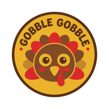 Gobble badge with cute turkey cartoon in yellow circle thanksgiving character celebration seasonal template