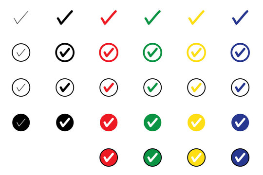 Set of correct valid verified tick marks in circles isolated transparent background