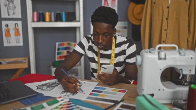 Man sketching fashion designs with pencil, hand on paper and holding smartphone amid sewingmachine and color swatches in design studio; creative concentration.