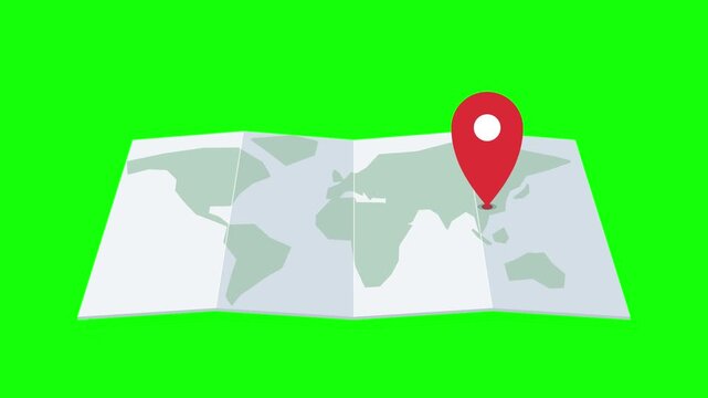 Red location pin on a simple world map, flat design animation representing navigation, travel, and global geolocation.