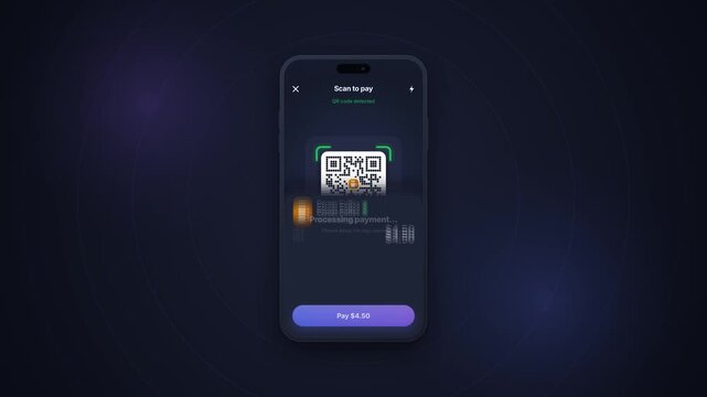 A smartphone scans a QR code and displays a completed digital payment on a dark screen