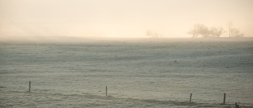 Givre sur l'herbe de la prairie vide, au lever du soleil, un matin brumeux, format banni&egrave;re
