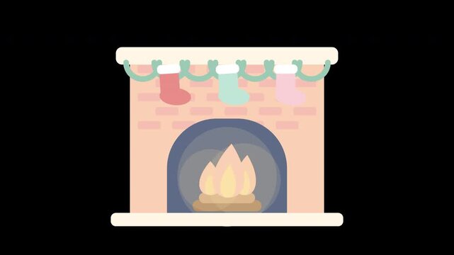 Charming pastel fireplace mantel with decorative hanging stockings, soft brick chimney frame, and crackling hearth fire