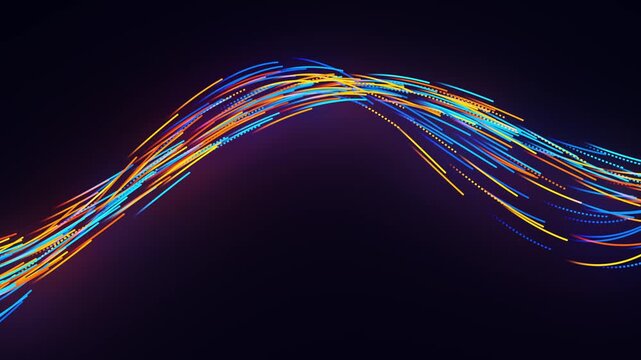Abstract flowing gradient wave lines in blue, orange and similar hues on a dark background, creating an elegant design with glowing curves. Wave motion seamlessly loopable. Data visualization