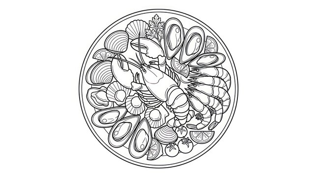 Seafood platter line art illustration with lobster and shrimp