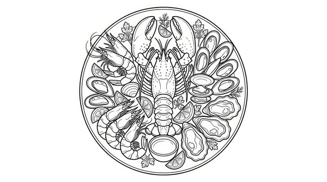 Seafood platter with lobster shrimp and mussels line art illustration