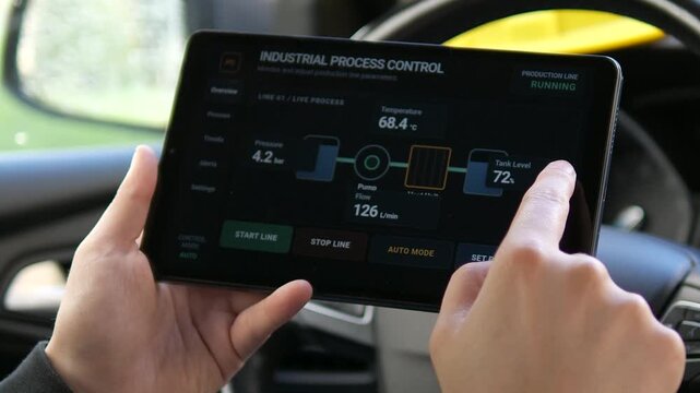 Technician monitors live industrial process data on a tablet, tracking pressure, temperature, pump flow and tank levels through a digital production control system.
