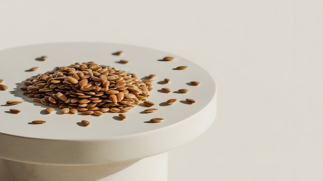 A pile of flax seeds arranged on a small round platform, with a few scattered seeds around the edge. The lighting creates soft shadows, highlighting the texture of the seeds.