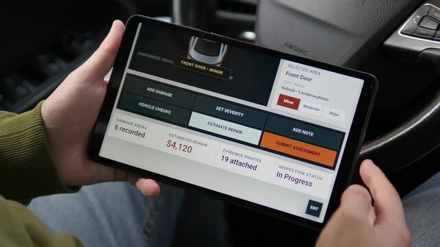 Driver reviews a digital vehicle damage assessment on a tablet, documenting minor door damage, repair estimates and evidence for a modern insurance claim workflow.