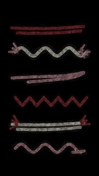 Repeated rows of red and pale gray wavy strokes, paired lines and small flower shaped marks sit across a black background in a textured pattern