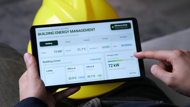 Building engineer monitors energy use, indoor climate and HVAC performance on a tablet, showing smart facility control and efficient commercial building operations.