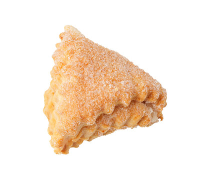 Sugar-coated triangular pastry with layered crust on a white background