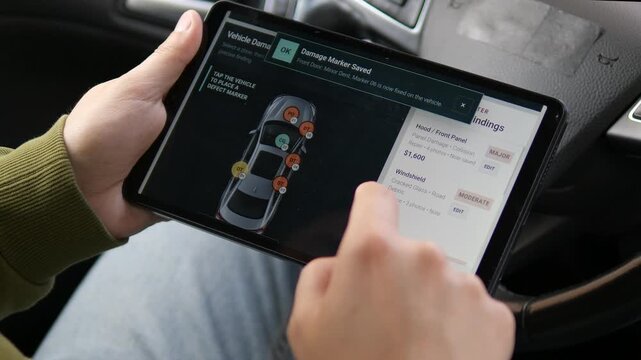 Driver records vehicle damage on a tablet, selecting repair type and severity while building a digital repair estimate after an accident inspection.