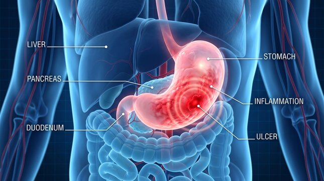 Human stomach with duodenum inflammation and ulcer medical illustration