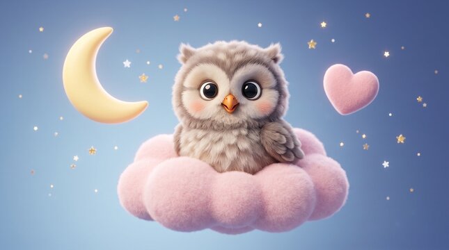 Cute baby owl sitting on a pink cloud with moon and stars
