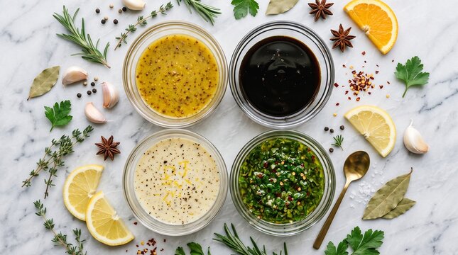 Four bowls of different flavored sauces with spices around