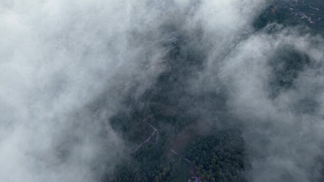Low viewpoint mist shrouds Pronojiwo valley with winding roads, terraces and forested hills.